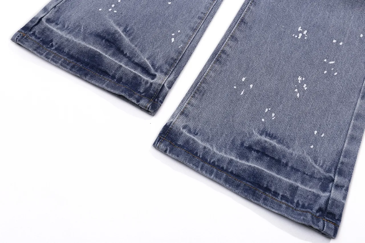 p240 (detail picture) 638#Gallery Dept new style splash ink hole knife cut washed blue micro-flare jeans versatile casual pants American high street trousers washed blue S~XL